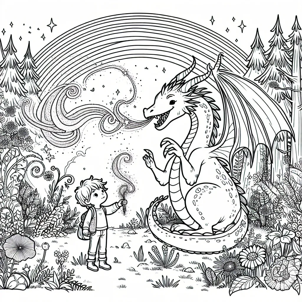 Un petit garçon joue avec un dragon amical dans une forêt enchantée, ils sont entourés de plantes mystiques et d'animaux de la forêt. Le dragon s'envole, laissant échapper un nuage de fumée magique. Il y a un arc-en-ciel en arrière-plan.