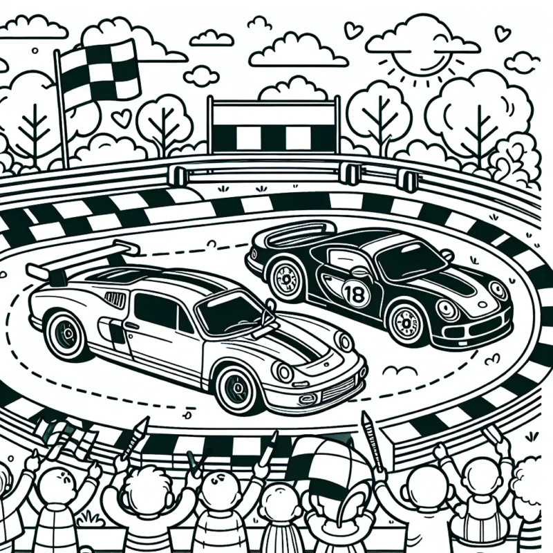 Sur la page de coloriage, vous verrez une scène passionnante de course de voitures. Il y a trois voitures à colorier : une voiture de sport moderne, une voiture de course et un vieux bolide classique. Autour de ces voitures, il y a des spectateurs enthousiastes, des arbres, des nuages et la piste de course. Utilisez vos couleurs préférées pour donner vie à cette scène.