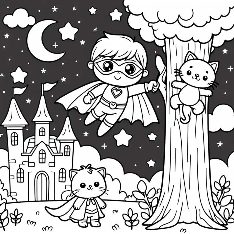 Dessine un superhéros avec une grande cape, volant dans le ciel nocturne tout en aidant un adorable petit chaton coincé sur un grand arbre près d'un magnifique château.