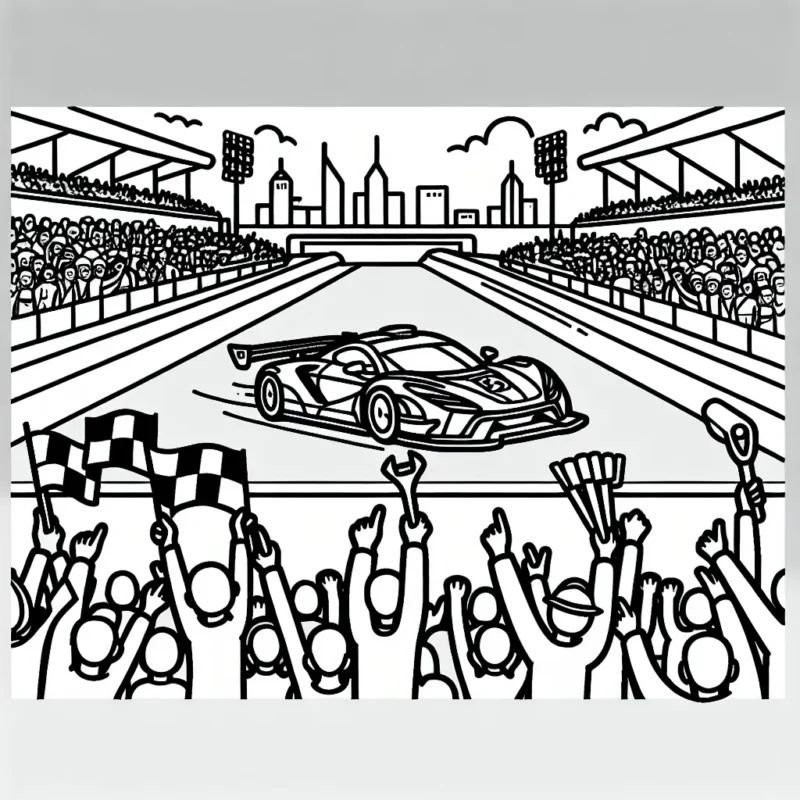 Dessine une scène animée de course de voitures avec des voitures de sport, un grand stade, et une foule qui encourage.