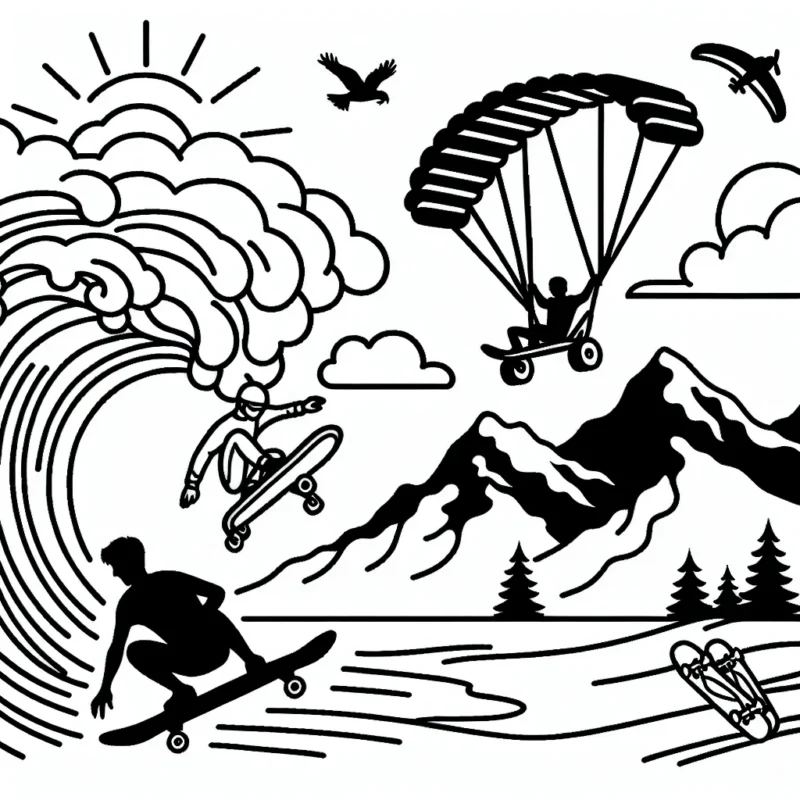 Dessine un surfeur qui chevauche une grande vague, un skateur qui fait une figure audacieuse dans un skate parc et un parachutiste qui se précipite dans le ciel avec des montagnes en arrière-plan. Essaye aussi d'intégrer des détails comme le vent, les oiseaux, le soleil brûlant etc.