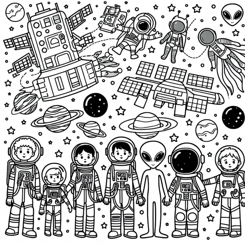 Dessine ta propre station spatiale avec les astronautes et les aliens en train de partager une rencontre intergalactique