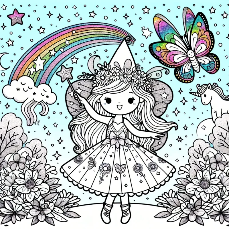 Sur une planète d'étoiles et de licornes, une petite fée danse avec son ami le papillon. Autour d'elle, des fleurs aux multiples couleurs scintillent sous le ciel étoilé. Le papillon est joyeux et coloré tandis que la petite fée porte une magnifique robe et tient une baguette magique. Colorie ce moment magique et rends-le aussi beau que dans les rêves des petites filles.