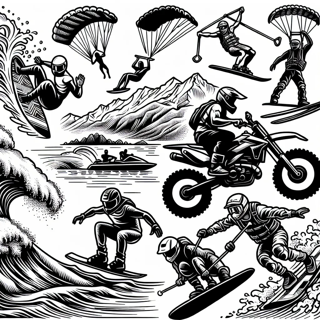 Imagine un décor dynamique et excitant, rempli d'athlètes pratiquant différents sports extrêmes. Dessine des planchistes défiant les vagues, des motocyclistes réalisant des cascades audacieuses, des parachutistes tombant du ciel et des skieurs freestyle filant sur les montagnes. N'oublie pas de représenter l'énergie, l'audace et la passion qui caractérisent ces sports extrêmes.