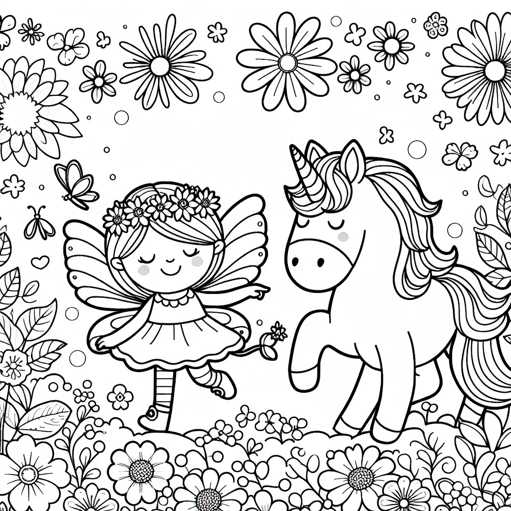 Dessine une petite fée virevoltant dans un jardin de fleurs multicolores, accompagnée de son fidéle ami licorne.