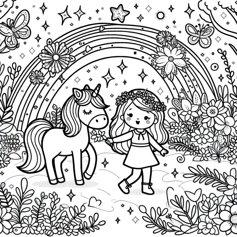 Voyage imaginaire d'une petite fille avec son licorne à travers une forêt enchantée parsemée de fleurs magiques et de papillons scintillants.