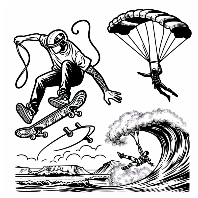 Un dessin détaillé représentant une scène de sports extrêmes, avec un skateboardeur faisant un tour aérien sur une rampe de skate, un surfeur attrapant une vague énorme et un parachutiste s'élançant audacieusement depuis un avion.