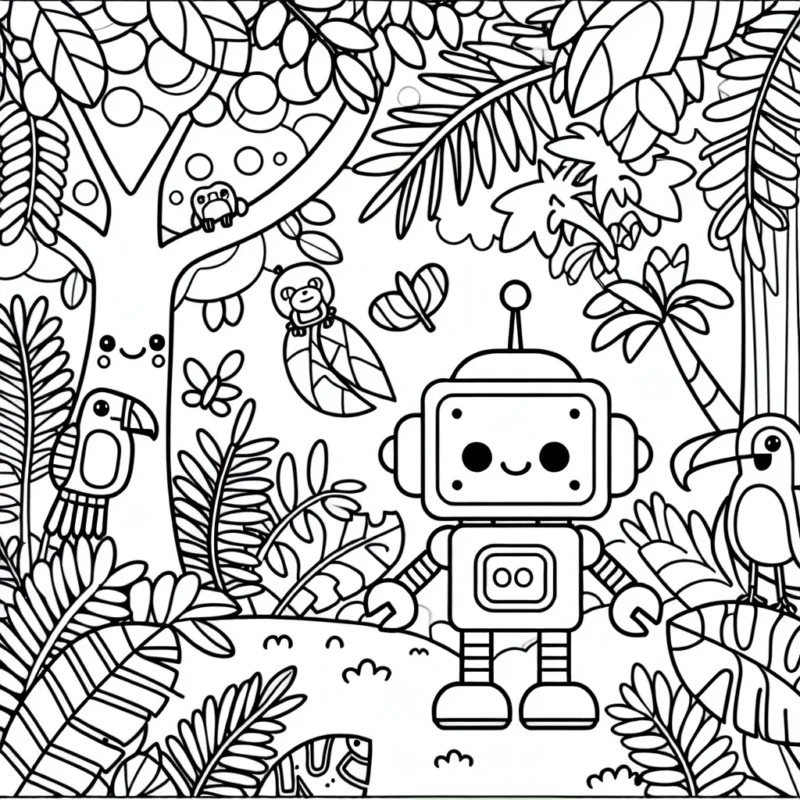 Un petit robot sympathique explorant une jungle pleine de plantes et d'animaux exotiques