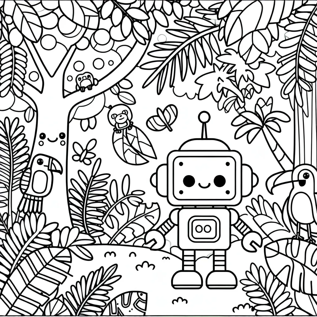 Un petit robot sympathique explorant une jungle pleine de plantes et d'animaux exotiques