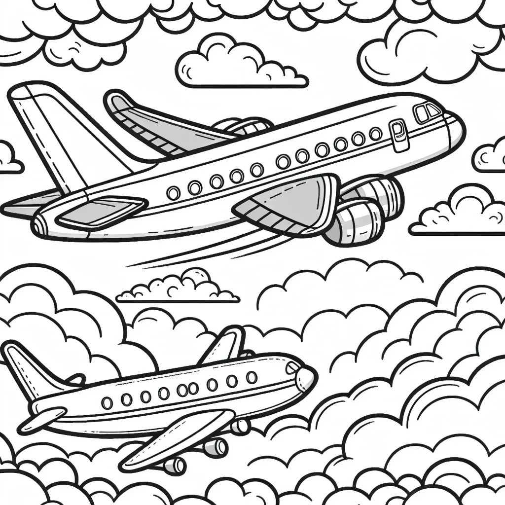 Dessin détaillé d'un avion en plein vol avec un ciel en arrière-plan fourni de nuages à colorier