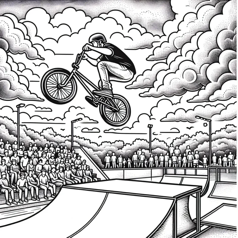 Dessine un saut en BMX sur une rampe dans un skate-park rempli de spectateurs, avec un ciel couvert de nuages dynamiques.