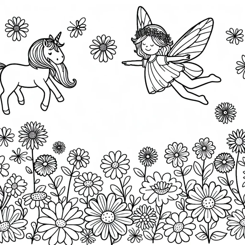 Dessine une jolie fée qui vole à travers un champ de fleurs multicolores, une licorne l'accompagnant sur son chemin