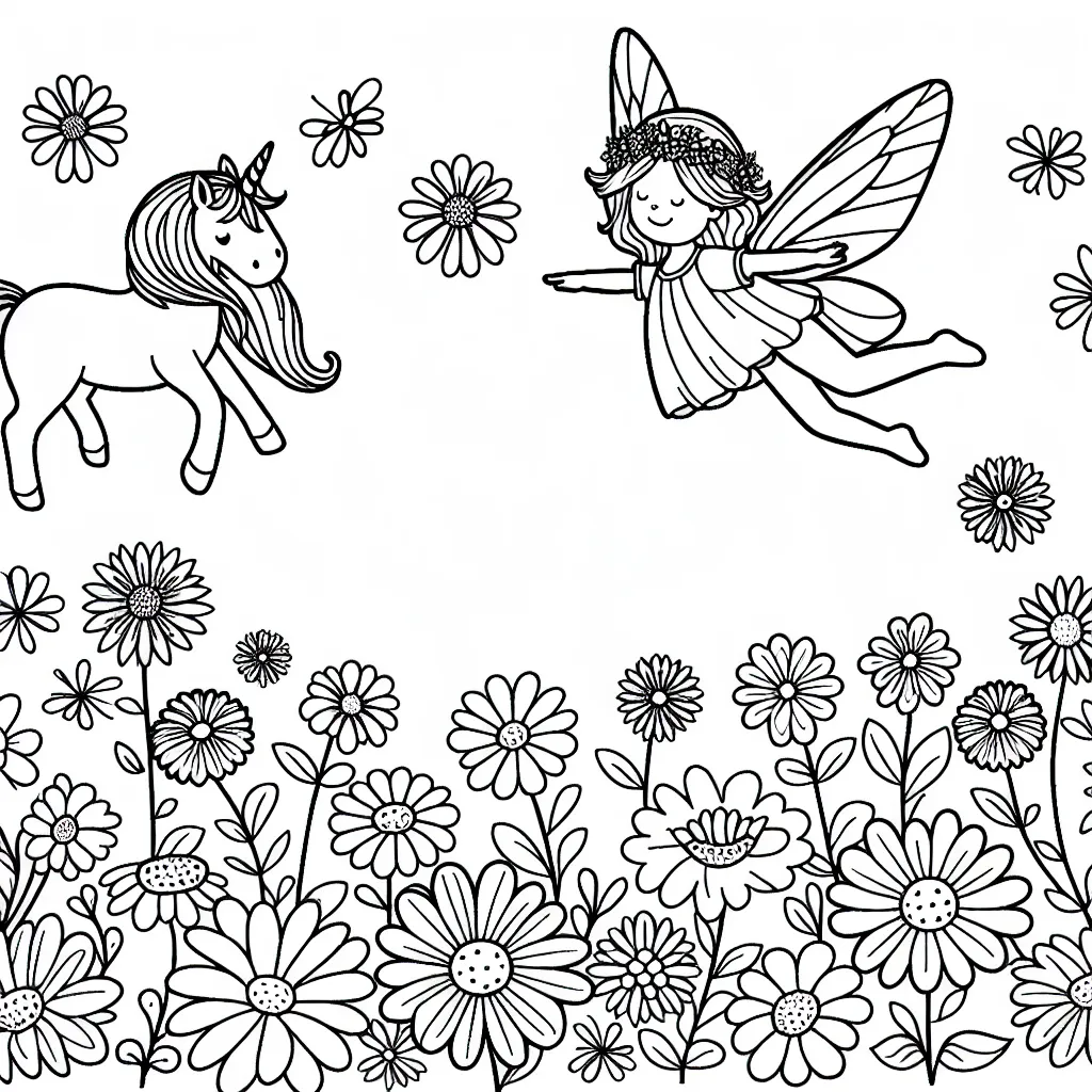 Dessine une jolie fée qui vole à travers un champ de fleurs multicolores, une licorne l'accompagnant sur son chemin