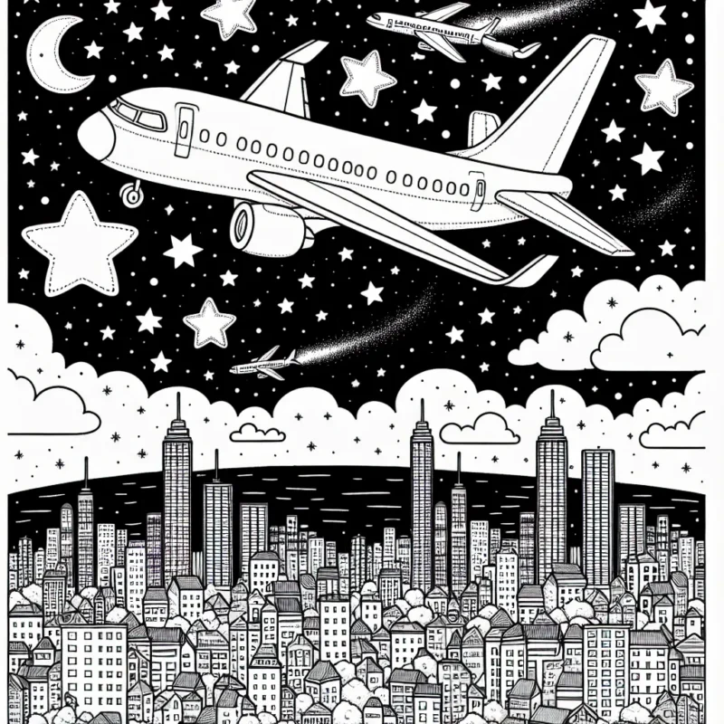 Dessine un avion de ligne survolant le ciel étoilé, avec en arrière-plan une ville illuminée la nuit.