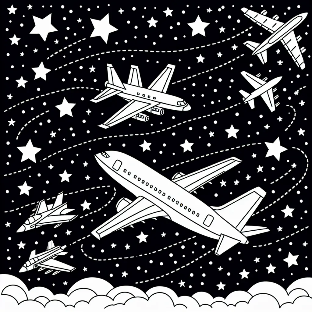 Un cortège d'avions virevolte dans le ciel étoilé. Dessine un avion de ligne, un avion de chasse et un avion cargo remplis de couleurs vives et brillantes.