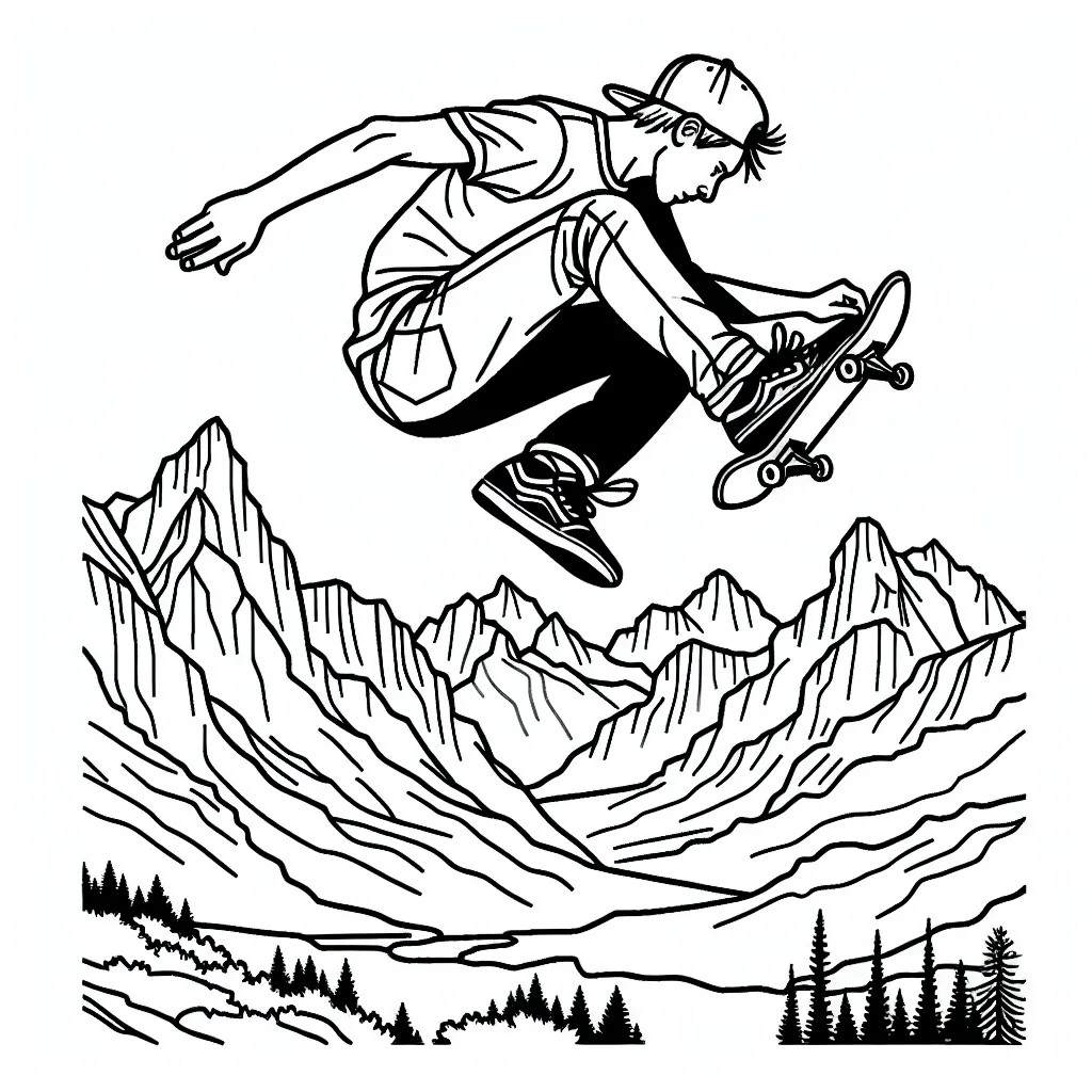 Dessin d'un skateur professionnel en plein tourbillon dans les airs, avec des montagnes rocheuses en arrière-plan