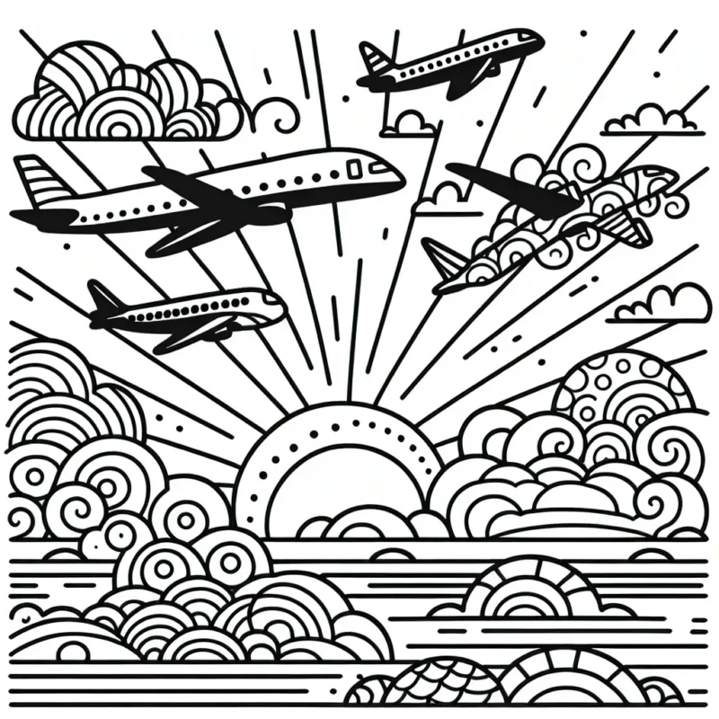 Il y a quatre avions différents dans le ciel, chacun avec des motifs uniques. Visuellement, c'est une scène dynamique avec beaucoup de détails à colorer. Le soleil se couche à l'horizon, créant un beau contraste entre le ciel et les avions.