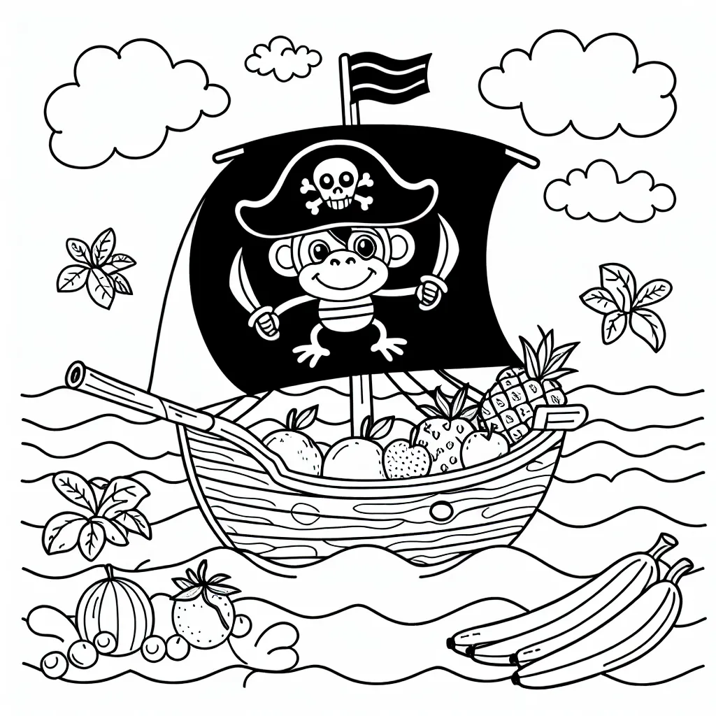 Un singe pirate parcourant les sept mers avec son bateau de fruits