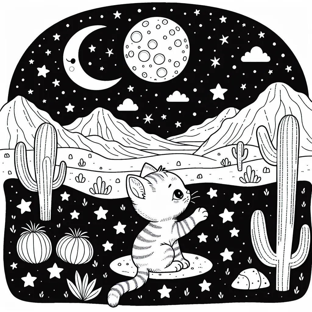 Une nuit étoilée dans le désert avec un petit chat jouant avec la lune