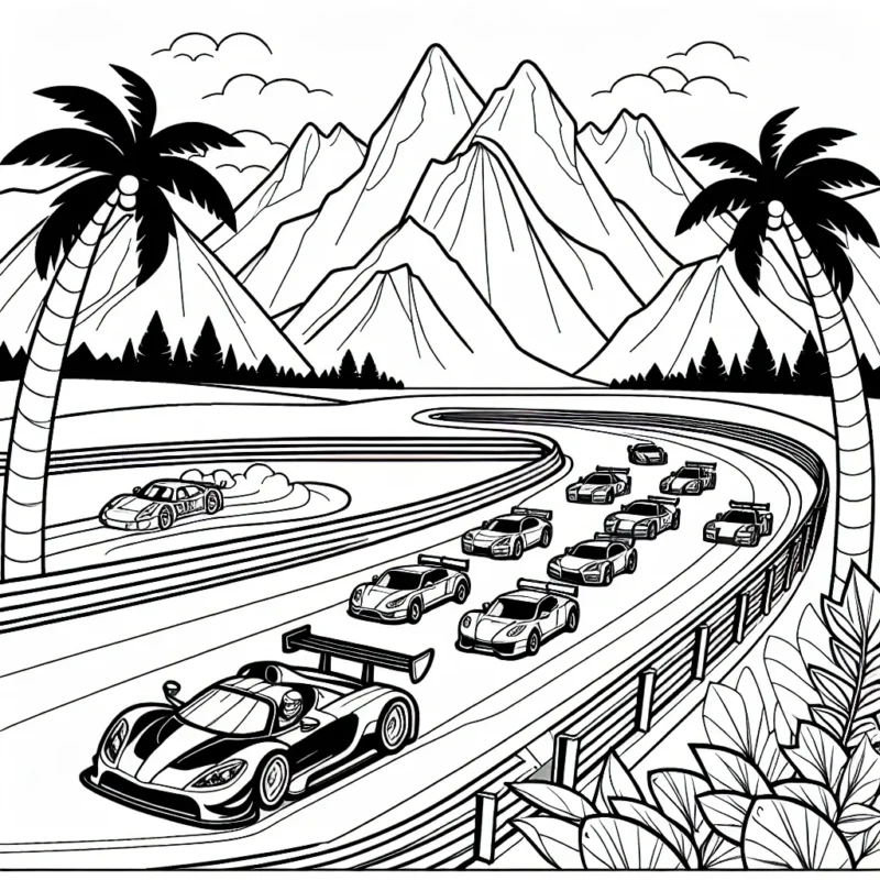 dessine une course effrénée de voitures sportives sur une piste de course avec un décor de montagnes et de palmiers en arrière-plan