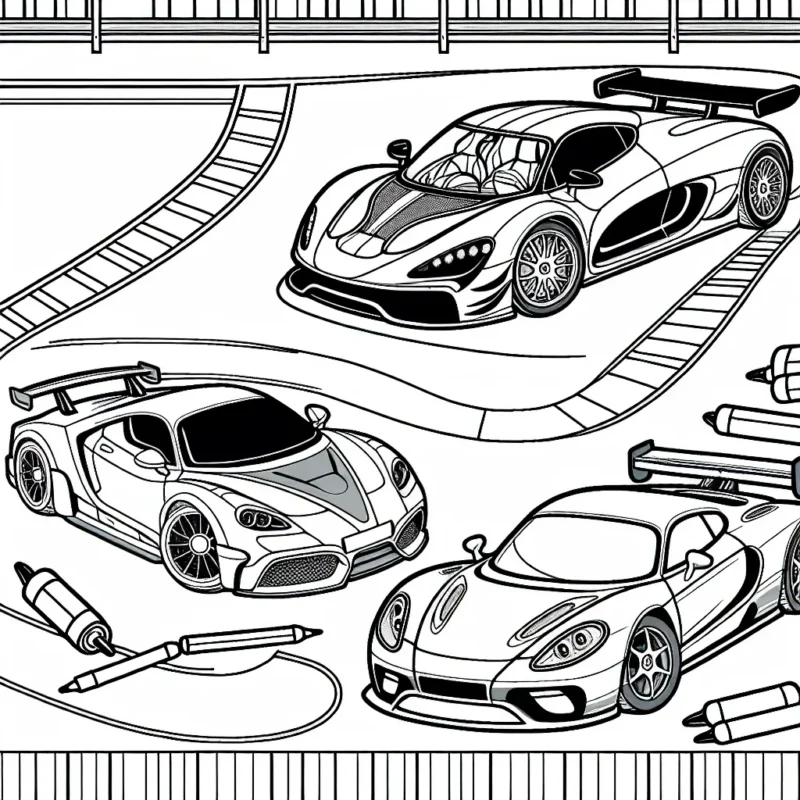 Dessine une Ferrari rouge, une Bugatti bleue et une Porsche jaune sur une route de course.