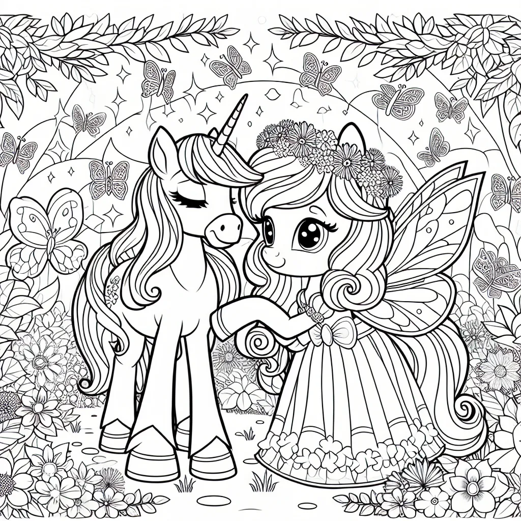 Une scène d'une princesse et son fidèle poney féérique dans un jardin enchanté, entourés de papillons colorés et de fleurs lumineuses.