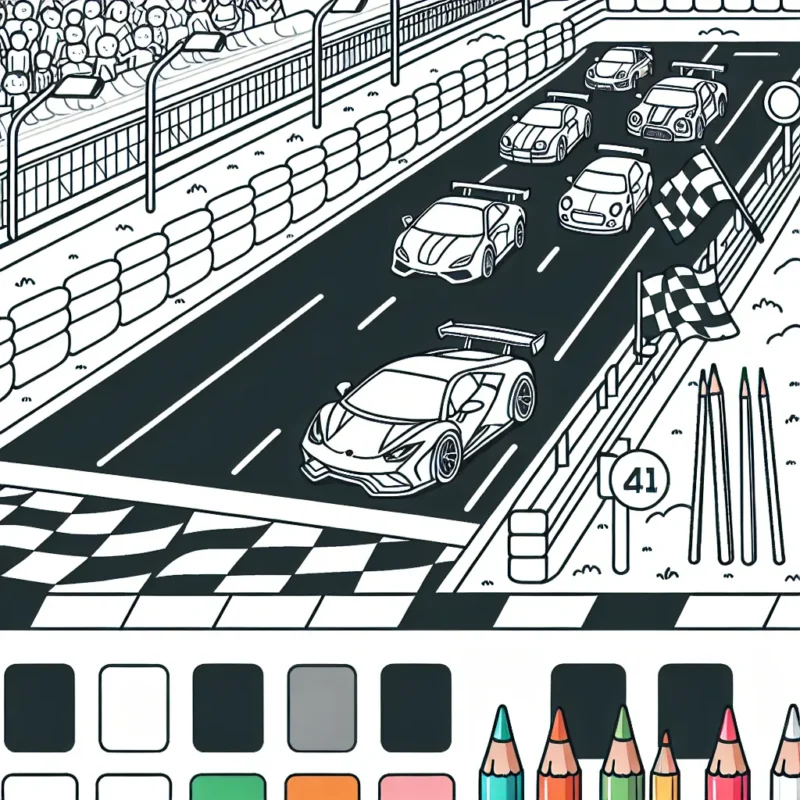 Dessine un circuit automobile animé avec des voitures sportives, des spectateurs et des panneaux de signalisation.