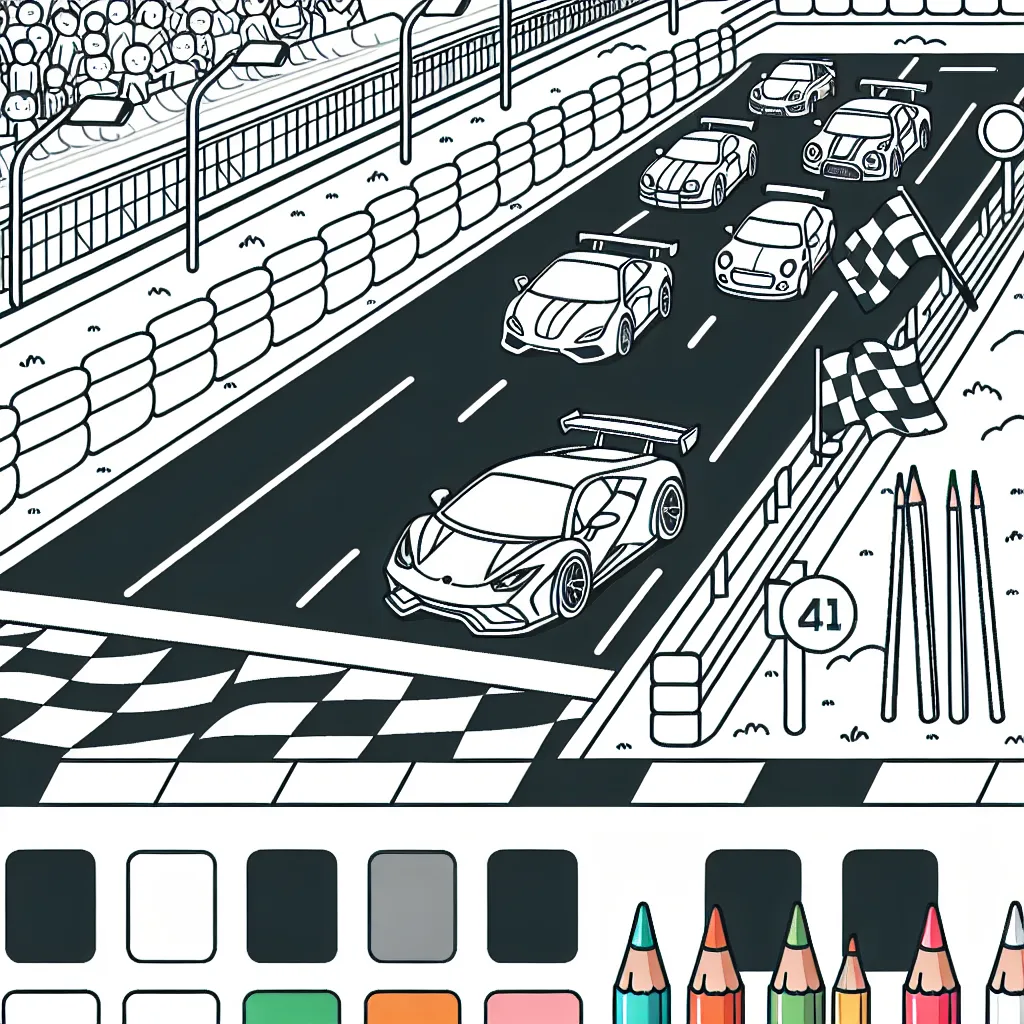 Dessine un circuit automobile animé avec des voitures sportives, des spectateurs et des panneaux de signalisation.