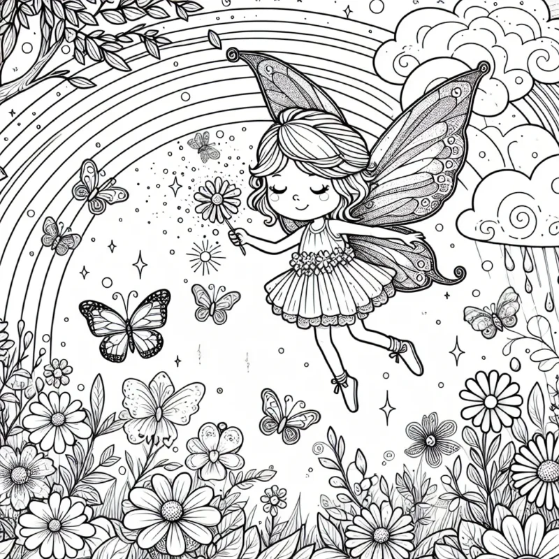 Un dessin détaillé d'une petite fée aux ailes scintillantes volant dans un jardin enchanté, entourée de papillons, de fleurs multicolores et d'un arc-en-ciel.