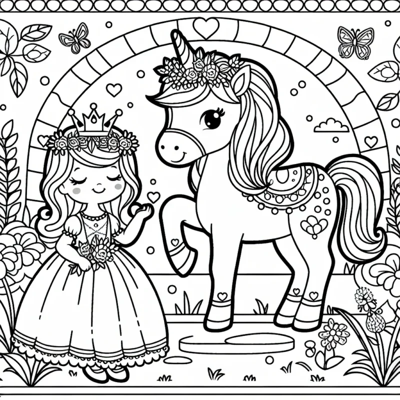 Dessine une licorne princesse dans un jardin enchanteur