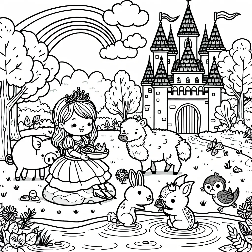 Dans ce dessin, il y a une petite princesse coiffée d'une tiare qui nourrit des animaux de la forêt près d'un château magique. Il y a un cochon, un lapin, un cerf et un écureuil. Elle est assise sur un rocher, et il y a une rivière qui coule près d'elle. Le château est derrière elle avec des drapeaux arc-en-ciel flottant au vent. Des fleurs sont dispersées tout autour de la scène.