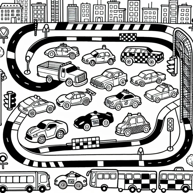 Imagine et dessine un circuit automobile animé avec des voitures de toutes sortes : voiture de sport, camion, voiture de police, taxi et un bus. N'oublie pas d'inclure des détails comme les feux de signalisation, les arrêts de bus, les piétons, les bâtiments et bien sûr, l'excitation de la course!