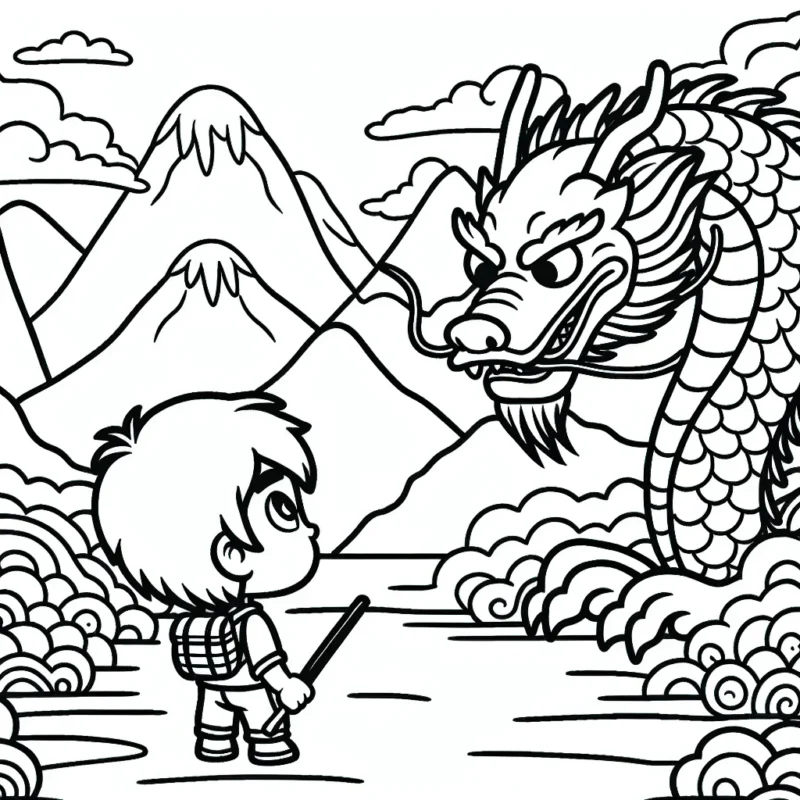 Un petit garçon courageux fait face à un grand dragon chinois dans un paysage montagneux lointain.