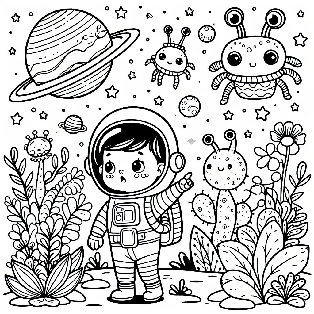 Un petit astronaute explorant une nouvelle planète peuplée de créatures amicales et de flore étrange.