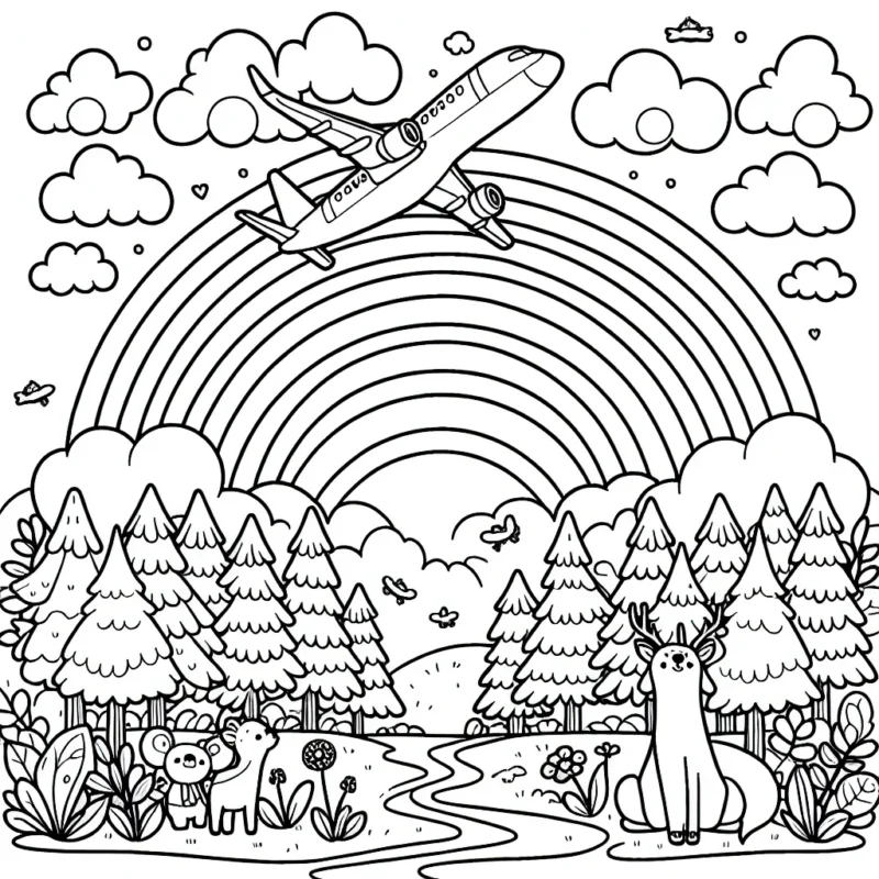 Un avion au-dessus des nuages avec un arc-en-ciel et des animaux de la forêt l'observant depuis le sol.