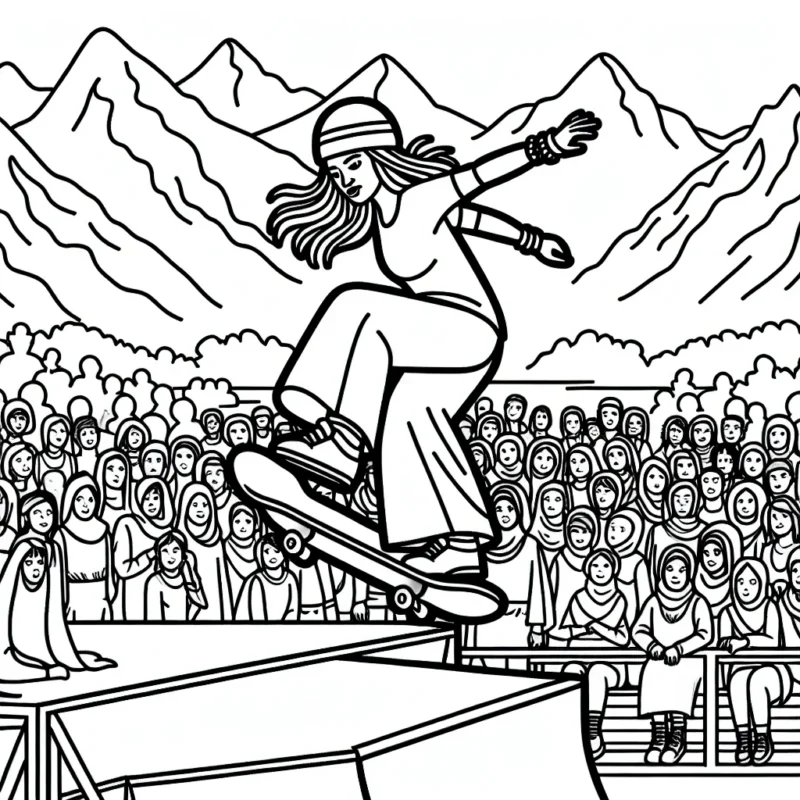 Illustration d'un skateboarder performant un trick en plein air dans un parc de skate, avec des montagnes en arrière-plan et des spectateurs impressionnés autour