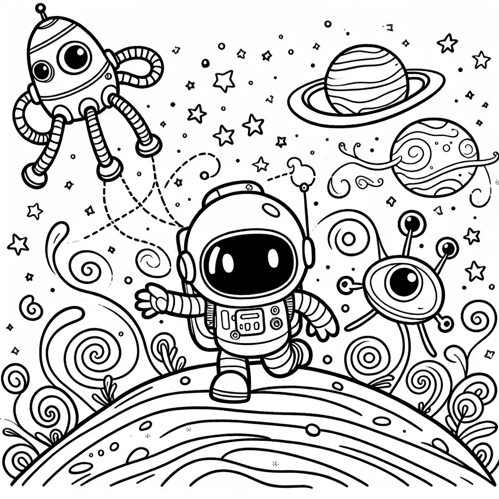 Nous partons pour une aventure dans l'espace avec le courageux astronaute Max et son fidèle robot, Sparky. Dessine tous les deux alors qu'ils découvrent une nouvelle planète peuplée de créatures amicales et vrillantes. N'oublie pas de colorer leur vaisseau spatial et les étoiles lointaines!