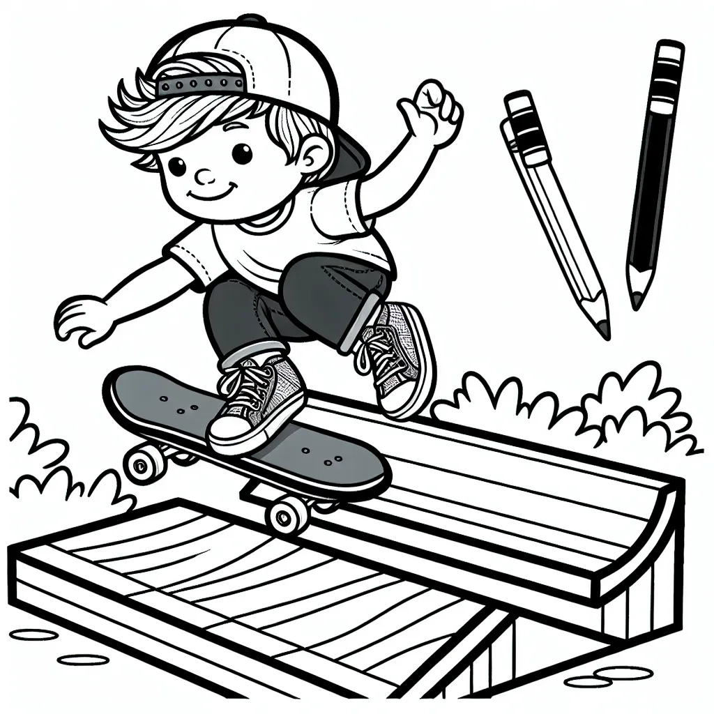 Dessine un skateboarder en plein saut au-dessus d'une rampe, avec beaucoup de détails pour colorier.