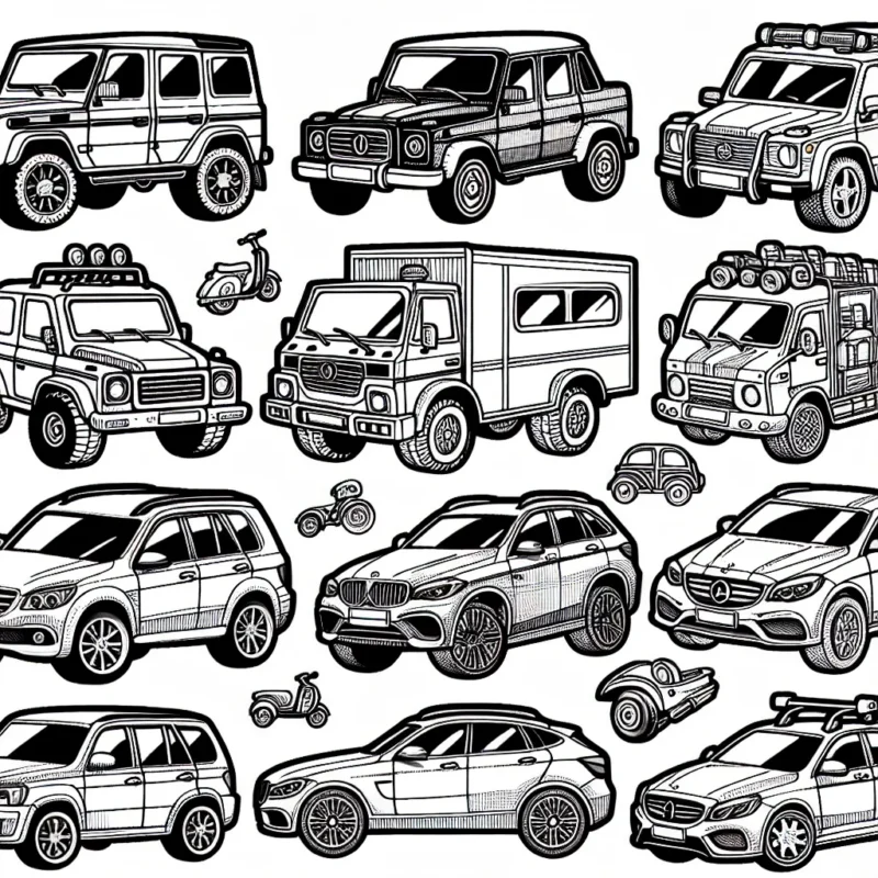 Voici un superbe dessin de voitures de différentes marques. Chaque voiture est unique et bien détaillée. Pourrais-tu les colorier correctement en suivant les vraies couleurs de chaque marque ? Utilise tes teintes de crayons préférées pour rendre ces voitures plus réalistes et attrayantes.