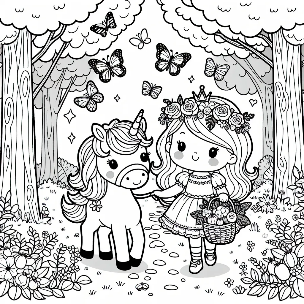 Une petite princesse avec sa licorne se promène dans une forêt féerique. Elle tient un panier plein de fleurs et fruits. Au-dessus d'eux, des papillons volent et des oiseaux chantent. Dessine, et colorie cette scène tendre!