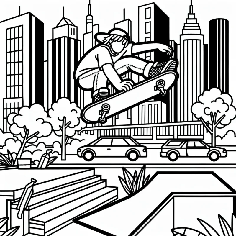 Un grand saut en skateboard au-dessus d'une rampe avec un paysage urbain en arrière-plan