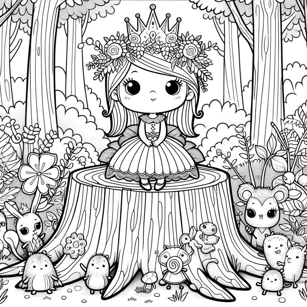 Une petite princesse est assise sur une grande souche en forme de trône dans une forêt enchantée. Elle est entourée de drôles de petits animaux de la forêt qui la regardent avec admiration. Le dessin comprend une variété de fleurs fantastiques et de plantes étranges pour créer une atmosphère de magie.