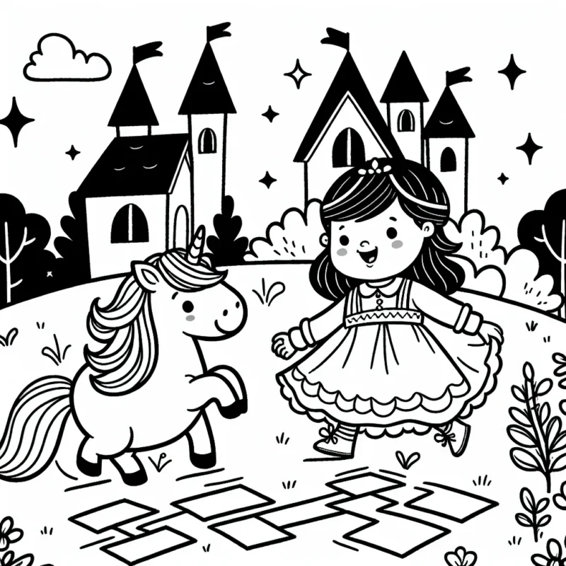 Une petite princesse jouant à la marelle avec son animal de compagnie licorne, à côté de leur château enchanté