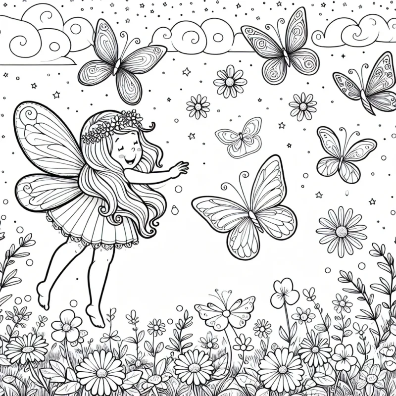 Dessine une petite fée magique qui danse joyeusement avec ses amis les papillons, dans une belle prairie remplie de fleurs colorées sous un ciel enchanté.