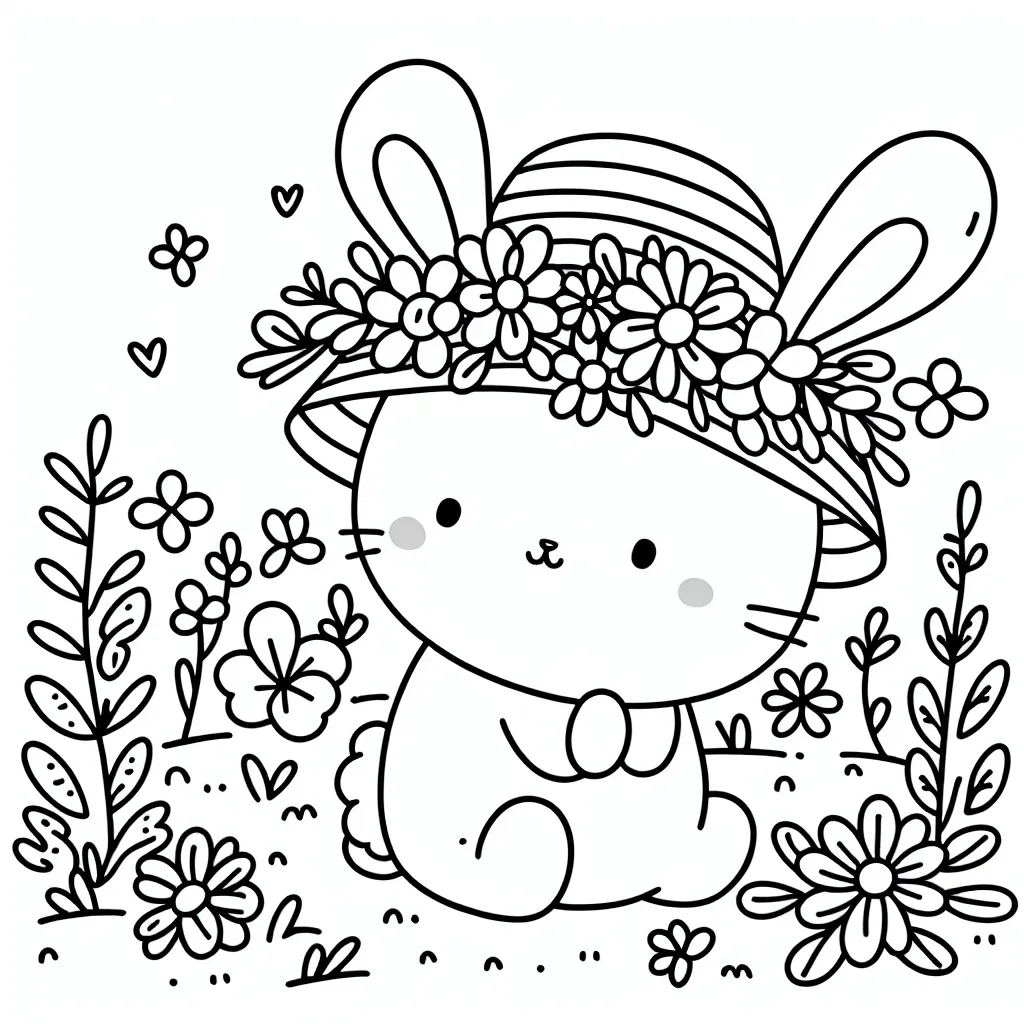 Un doux lapin avec un chapeau de fleurs dans un jardin féerique