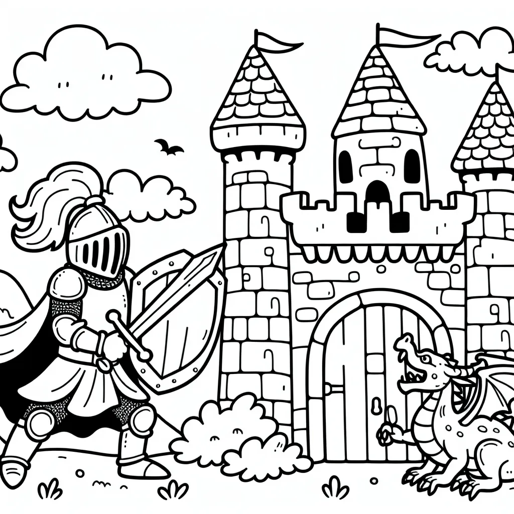 Dessine une scène où un jeune chevalier courageux défend son château fort contre un dragon féroce! N'oublie pas de colorier le bouclier du chevalier, l'armure, le dragon, le château fort et le ciel autour du château!