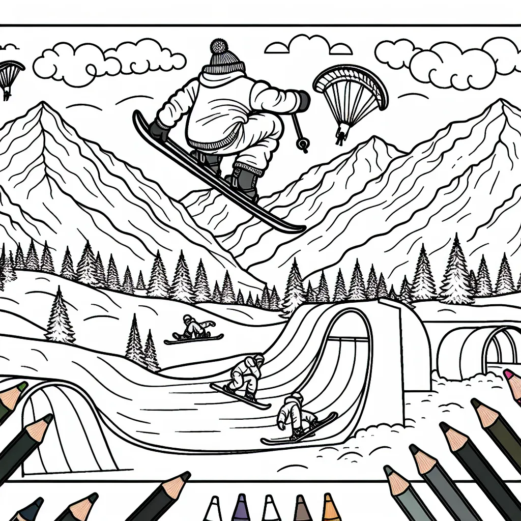 Imagine un dessin détaillé représentant un skieur en plein saut acrobatique sur une montagne neigeuse, avec des montagnes et un ciel en arrière-plan. Il y a aussi des snowboarders qui font des figures dans un demi-tube à proximité. De plus, tu peux voir des parapentistes dans le ciel au-dessus de la scène. Le dessin s'efforce de charmer l'enfant dans l'aventure et le frisson des sports extrêmes.