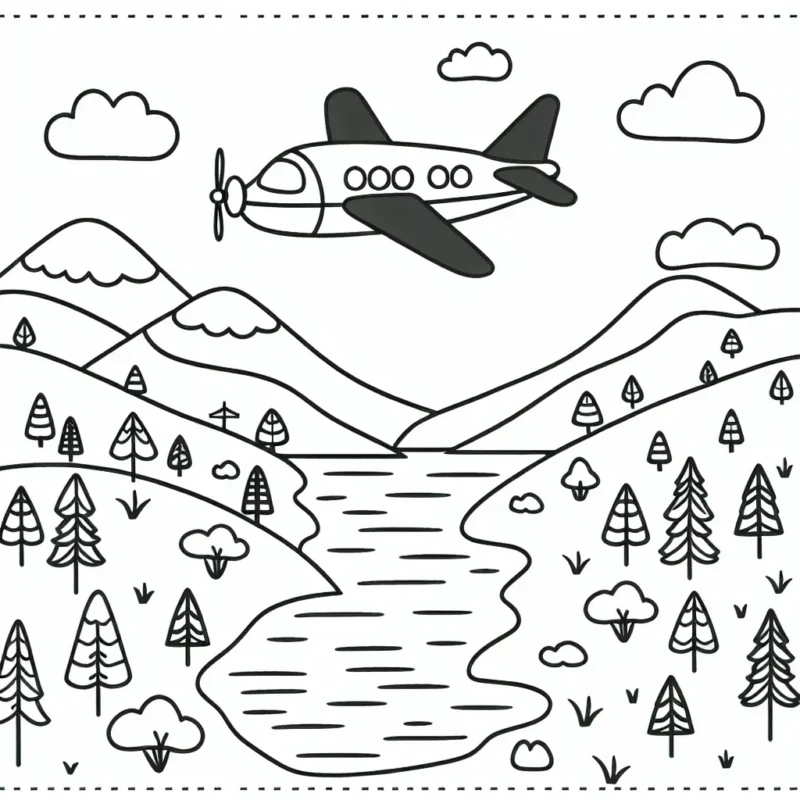 Un avion s'envole au-dessus d'un paysage composé de collines, d'un lac et d'une forêt.