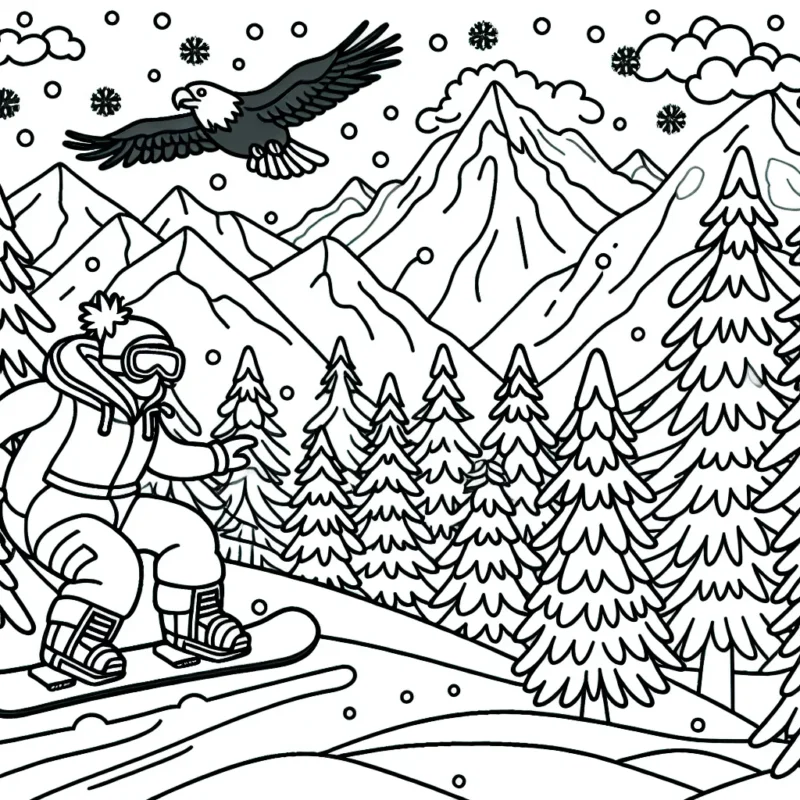 Imagine que tu fais du snowboard extrême sur une montagne enneigée entourée d'arbres épineux en hiver. Il y a un aigle volant haut dans le ciel et des flocons de neige tombent doucement. N'oublie pas de colorier ta tenue de snowboarder avec des couleurs vives pour te démarquer du paysage blanc.