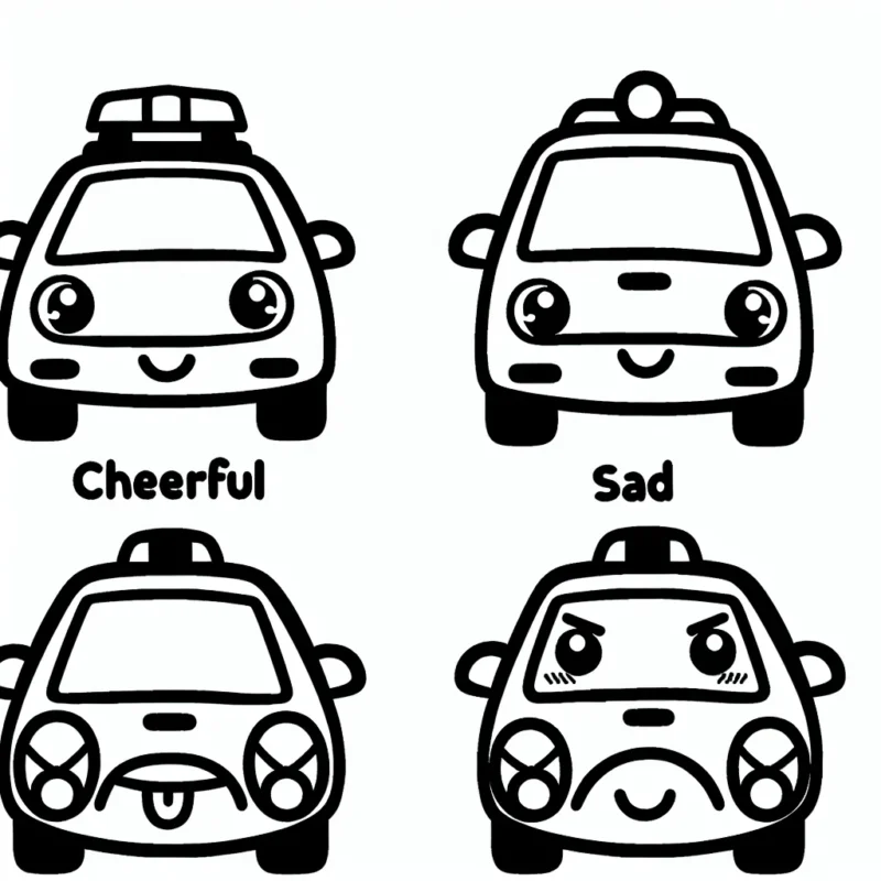 Imagine un monde où les voitures ont des personnalités et des expressions uniques. Dessine une voiture joyeuse, une voiture triste, une voiture excitée et une voiture en colère.